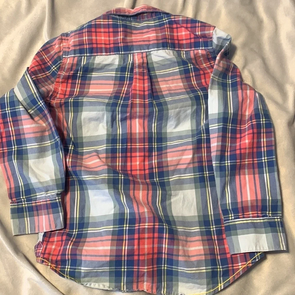 Mini Boden size 6-7 boys double breasted button down plaid cotton shirt red blue